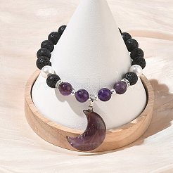Natural Amethyst & Lava Rock & Shell Pearl Charm Bracelets&nbsp;BJEW-JB13705