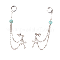 Synthetic Green Turquoise Beaded Hanging Chain Dangle Stud Earrings with Ear Cuff&nbsp;EJEW-TA00149