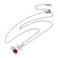 Brass Pave Clear and Red Cubic Zirconia Cherry Pendant 304 Stainless Steel Cable Chain Necklaces for Women&nbsp;NJEW-H092-05P