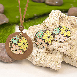 Bohemian Alloy Enamel & Wood Pendant Necklaces & Dangle Earrings Sets&nbsp;FS-WGC69E7-01