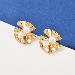 Brass ABS Plastic Pearl Flower Stud Earrings&nbsp;EJEW-L275-12G-02