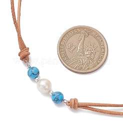Synthetic Turquoise & Natural Pearl Round Beaded 2-Strand Cowhide Leather Cord Necklaces for Women&nbsp;NJEW-JN05828