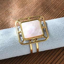 Square 304 Stainless Steel White Shell Cuff Rings for Women&nbsp;RJEW-G346-03G-02
