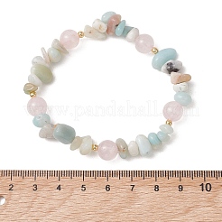 Round Natural Rose Quartz & Flower Amazonite Chips & Brass Beads Stretch Bracelets for Women&nbsp;BJEW-TA00715