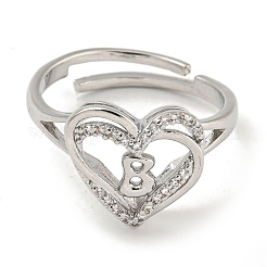 Heart with Letter Rack Plating Brass Micro Pave Clear Cubic Zirconia Adjustable Rings for Women&nbsp;RJEW-I105-01P-B