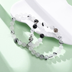 Natural Tourmalinated Quartz Round Beaded Stretch Bracelets for Men Women&nbsp;BJEW-G743-01C