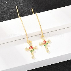 Cross with Flower Brass Clear Cubic Zirconia Ear Thread&nbsp;EJEW-H182-13G