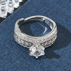 Adjustable Brass Finger Rings with Round Cubic Zirconia Center & Baguette Accents for Women&nbsp;CU-CBA7E55-16P