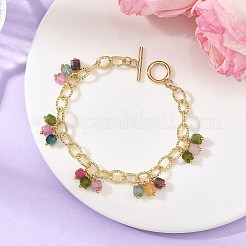 Natural Multicolor Tourmaline Faceted Cube Beads Tassel Brass Textured Cable Chain Bracelets for Women&nbsp;BJEW-JB14335-01