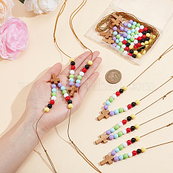 Wood Cross with Acrylic Beaded Pendant Necklaces for Women&nbsp;NJEW-AB00014