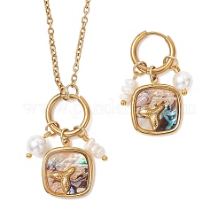 Abalone Shell Pendant Necklace & Hoop Earrings with Shell Pearl & Natural Freshwater Pearls&nbsp;SJEW-JS01379-02