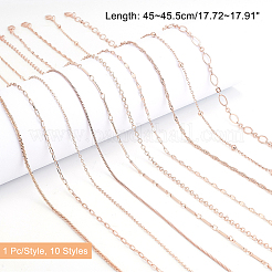 10Pcs 10 Styles Brass Paperclip & Cable & Box & Satellite & Bar Link Chain Necklaces Set&nbsp;MAK-PH0004-33RG