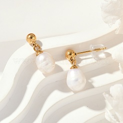 304 Stainless Steel Natural Freshwater Pearl Dangle Stud Earrings&nbsp;EJEW-G423-20G