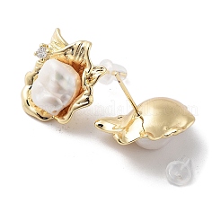 Flower Natural Pearl Stud Earrings with Brass Micro Pave Cubic Zirconia and 925 Sterling Silver Pins&nbsp;EJEW-P256-93G