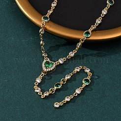 Brass Pave Cubic Zirconia Heart Pendant Y Tassel Necklaces for Women&nbsp;NJEW-A071-01G-05