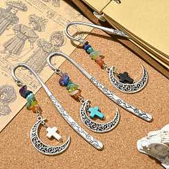 3Pcs 3 Style Crescent Moon Alloy Pendant Bookmark with Chakra Gemstone Chip & Cross&nbsp;AJEW-TA00010