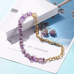 Natural Amethyst Chip Beads Jewelry Set&nbsp;SJEW-JS01223-01