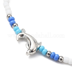 Tibetan Style Alloy Dolphin & Seed Beaded Stretch Anklet for Women&nbsp;AJEW-AN00558