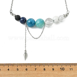 Natural Apatite & Lapis Lazuli & Lava Rock & Quartz Crystal Round Graduated Beaded Pendant 304 Stainless Steel Cable Chain Necklaces for Women&nbsp;NJEW-TA00242-02