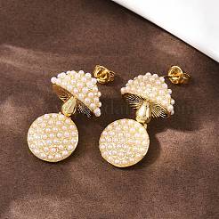 Brass ABS Plastic Pearl Mushroom Dangle Stud Earrings&nbsp;EJEW-L275-03G