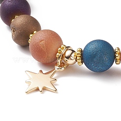 Natural Agate Round Beaded Stretch Bracelet with Brass Star Charm&nbsp;BJEW-JB08647
