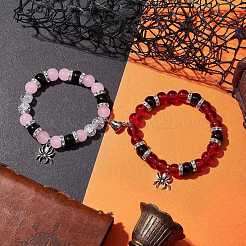 2Pcs 10mm Round Crackle Glass & Red Glass & Pink Glass & Black Glass Beaded Stretch Bracelet Sets for Lover&nbsp;BJEW-JB10325-03