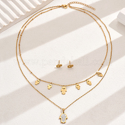 Elegant Vintage Stainless Steel Rhinestone Hamsa Hand Stud Earrings & Double-layer Necklace Sets for Women&nbsp;QF7163