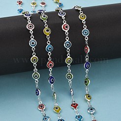 Handmade Flat Round Brass Lampwork Evil Eye Beaded Chains&nbsp;CHC-P002-01S