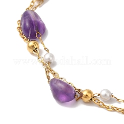 Nuggets Natural Amethyst & Imitation Pearl Multi-Strand Anklets&nbsp;BJEW-P326-02B-G