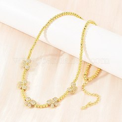 Brass Micro Pave Clear Cubic Zirconia Butterfly and Round Beaded Necklaces&nbsp;KK-CBA4547-13G