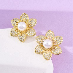 Flower Brass Micro Pave Clear Cubic Zirconia Stud Earrings&nbsp;EJEW-H158-04G