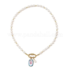 Printed Brass Oval Pendant Natural Cultured Freshwater Pearl Beaded Necklaces for Women&nbsp;NJEW-JN06384