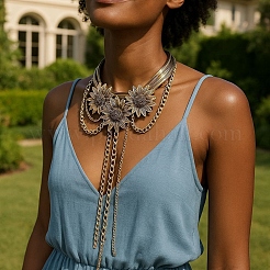 Sunflower Zinc Alloy Multi-Layered Tassel Choker Necklaces for Women&nbsp;FS-WG1E14A-01