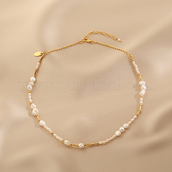 Natural Freshwater Pearl Nuggets & Brass Beaded Necklaces for Women&nbsp;FS-WG15240-01