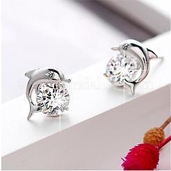 Real Platinum Plated Dolphin Brass Stud Earrings&nbsp;EJEW-EE0001-228