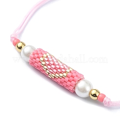 Glass Pearl & Seed Column with Heart Link Bracelet&nbsp;BJEW-MZ00028-01