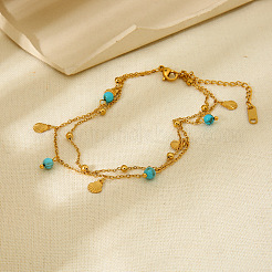 Synthetic Turquoise Round & 304 Stainless Steel Shell Shape Charm Double Layer Anklets for Women&nbsp;FS-WG7A7AF-01