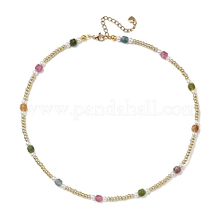 Faceted Cube Natural Multicolor Tourmaline and Glass Seed Beads Beaded Necklaces for Women&nbsp;NJEW-JN06668