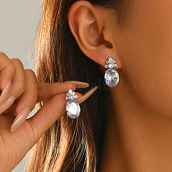 Brass Pave Cubic Zirconia Oval with Flower Stud Dangle Earrings for Women&nbsp;OA6190-3