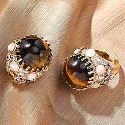 Half Round Natural Tiger Eye Cubic Zirconia Cuff Rings&nbsp;RJEW-M076-01G-03