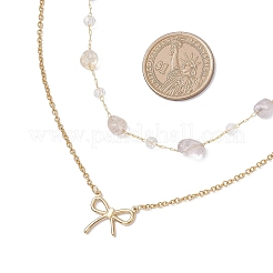 304 Stainless Steel Bowknot Pendant Natural Amethyst Nuggets Link Chain Double Layer Necklaces for Women&nbsp;NJEW-JN05399-02