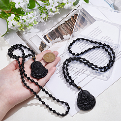 2Pcs 2 Styles Natural Obsidian Buddha Pendant Beaded Necklaces&nbsp;NJEW-UN0001-91