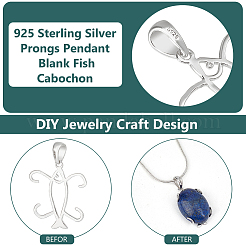 2Pcs 925 Sterling Silver Prongs Pendant Blank Fish Cabochon Settings&nbsp;STER-BC0002-60P