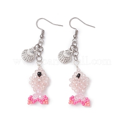 Fish with Shell Shape 304 Stainless Steel Glass Beads Dangle Earrings&nbsp;EJEW-MZ00436-03