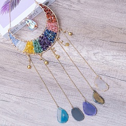 Chakra Theme Copper Wire Wrapped Natural & Synthetic Gemstone Moon Hanging Ornaments&nbsp;PW-WG68707-01