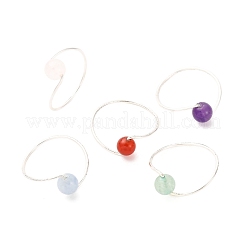 5Pcs Copper Wire Wrapped Natural Green Aventurine & Natural Carnelian & Natural Rose Quartz & Natural Quartz & Natural Amethyst Round Bead Finger Rings&nbsp;RJEW-JR00937-01