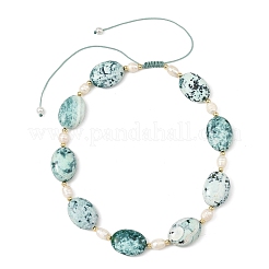 Adjustable Natural Fire Crackle Agate(Dyed & Heated) Oval and Pearl Braided Bead Necklaces&nbsp;NJEW-JN06570