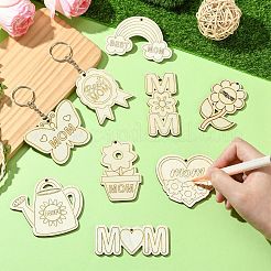 12 Sets 12 Styles Mother's Day DIY Unfinished Wood Pendant Keychain Making Kits&nbsp;DIY-CJ0002-89
