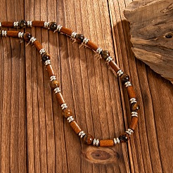 Adjustable Vintage Bohemian Men's Round Natural Tiger Eye and Column Wood Beaded Necklaces&nbsp;HA1225