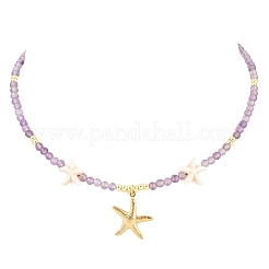 Synthetic Turquoise & Natural Amethyst Faceted Round Beaded Starfish 304 Stainless Steel Pendant Necklaces for Women&nbsp;NJEW-JN05459